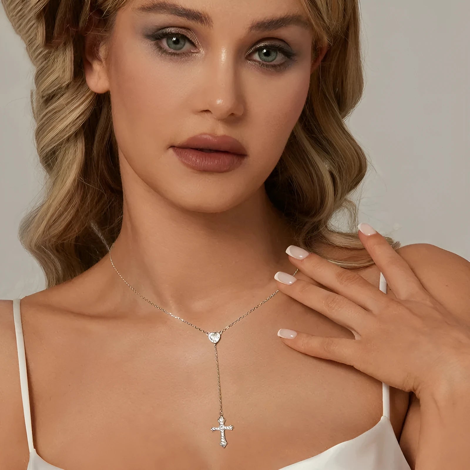 Women's simple V-neck necklace with silver love cross pendant on adjustable chain
