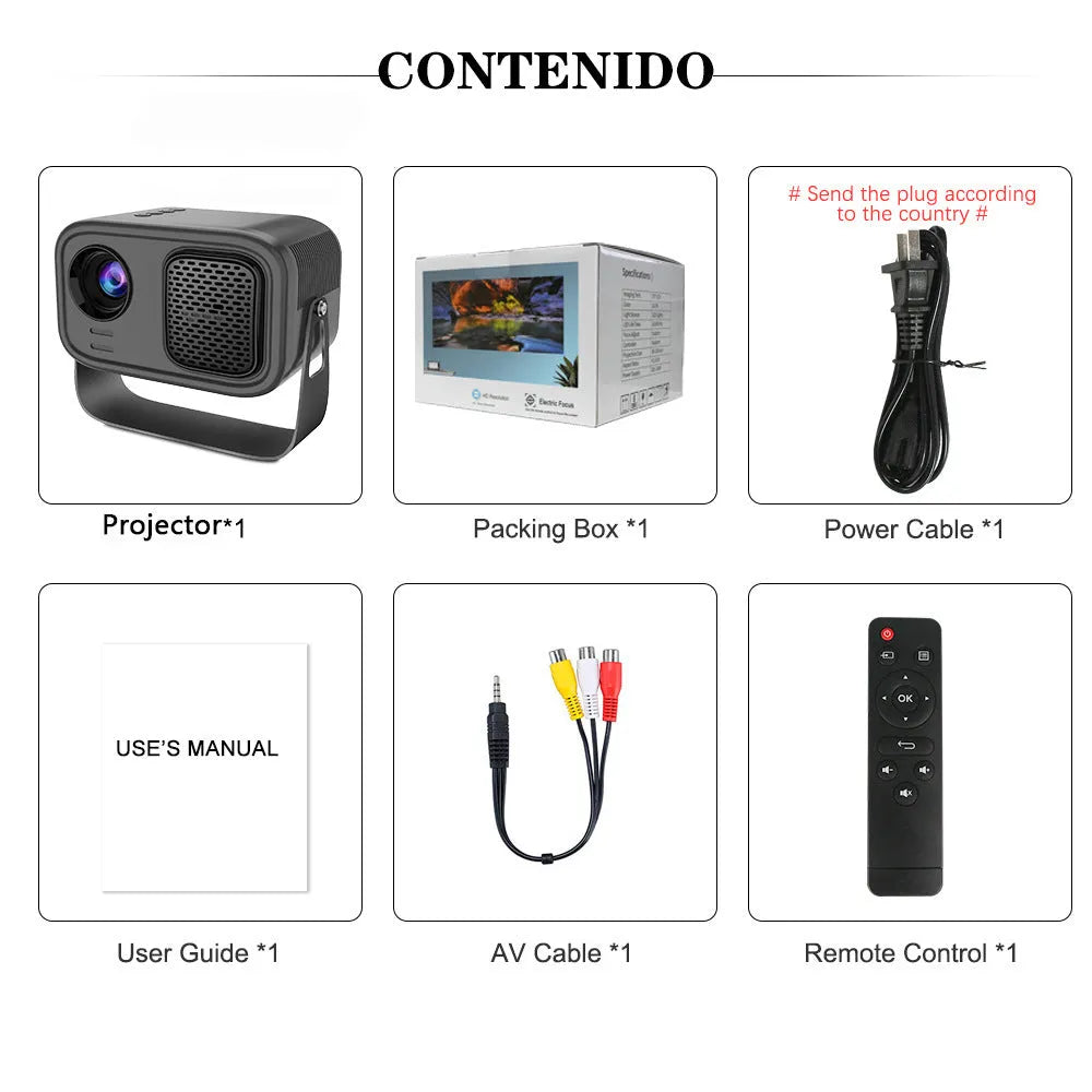 Black compact HD smart portable projector with remote control on a table.