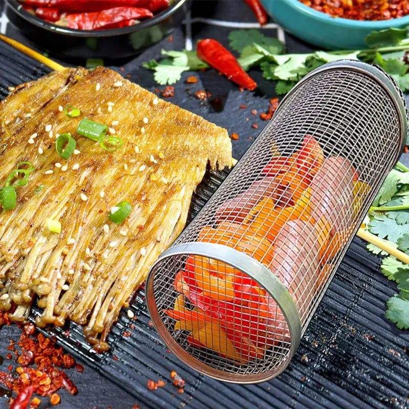Stainless steel rolling barbecue grill basket with mesh cylinder for cooking vegetables and meatballs
