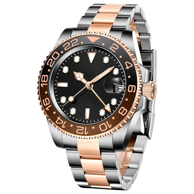 Men's calendar luminous GMT watch with stainless steel bracelet and black dial