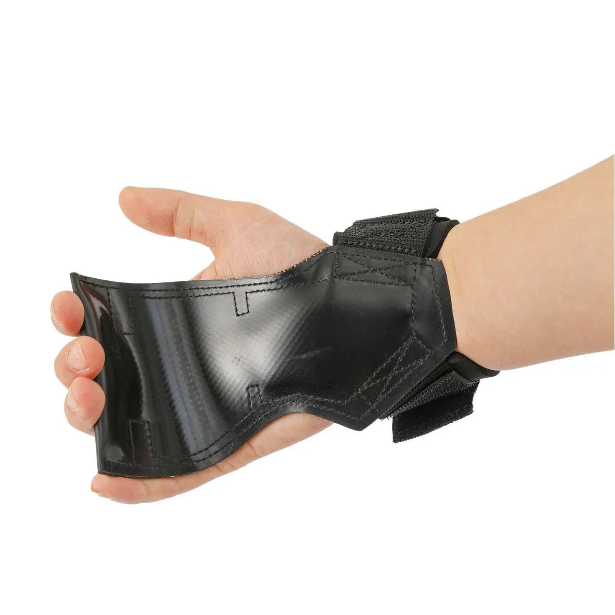 A pair of black rubber palm protection assist belts for rock climbing and weightlifting.