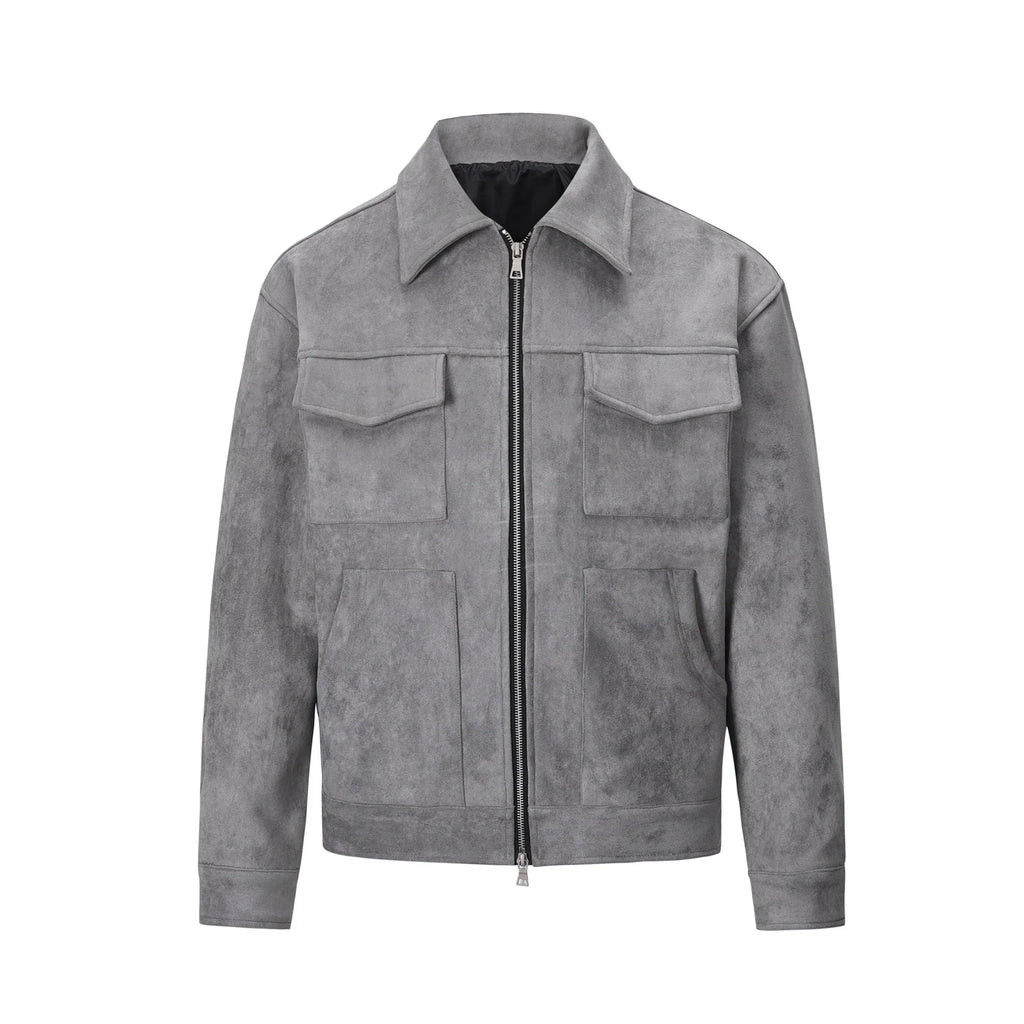 Slim-fit men's jacket with zipper, large pockets, and straight hem in camel, black, or dark grey.