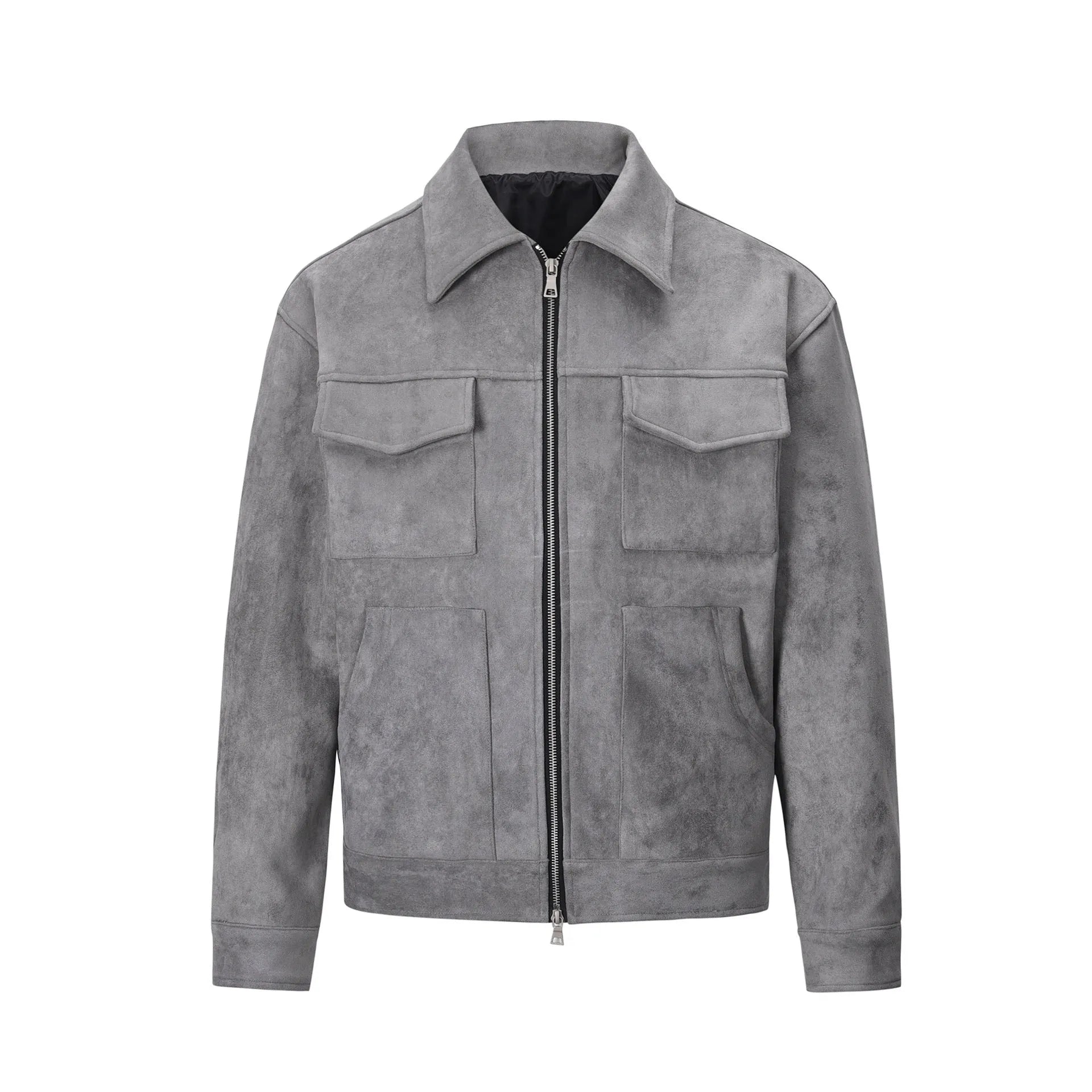 Slim-fit men's jacket with zipper, large pockets, and straight hem in camel, black, or dark grey.