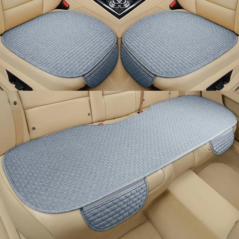Linen car seat cushion with plaid pattern and hemmed edges in classic black and red colour
