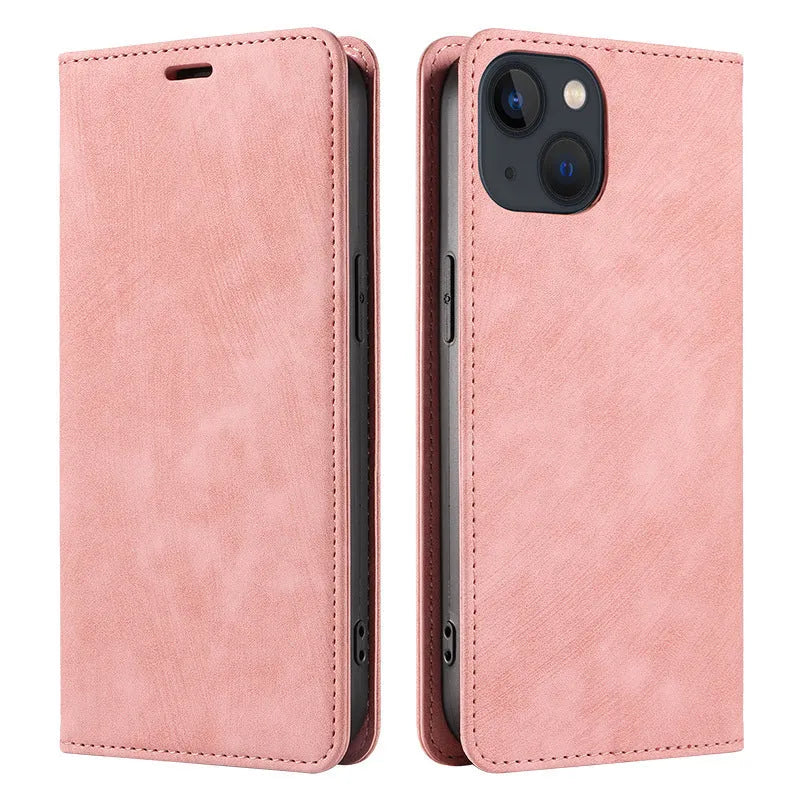 Magnetic flip phone case for iPhone in solid colours, showing TPU frame and leather cover.