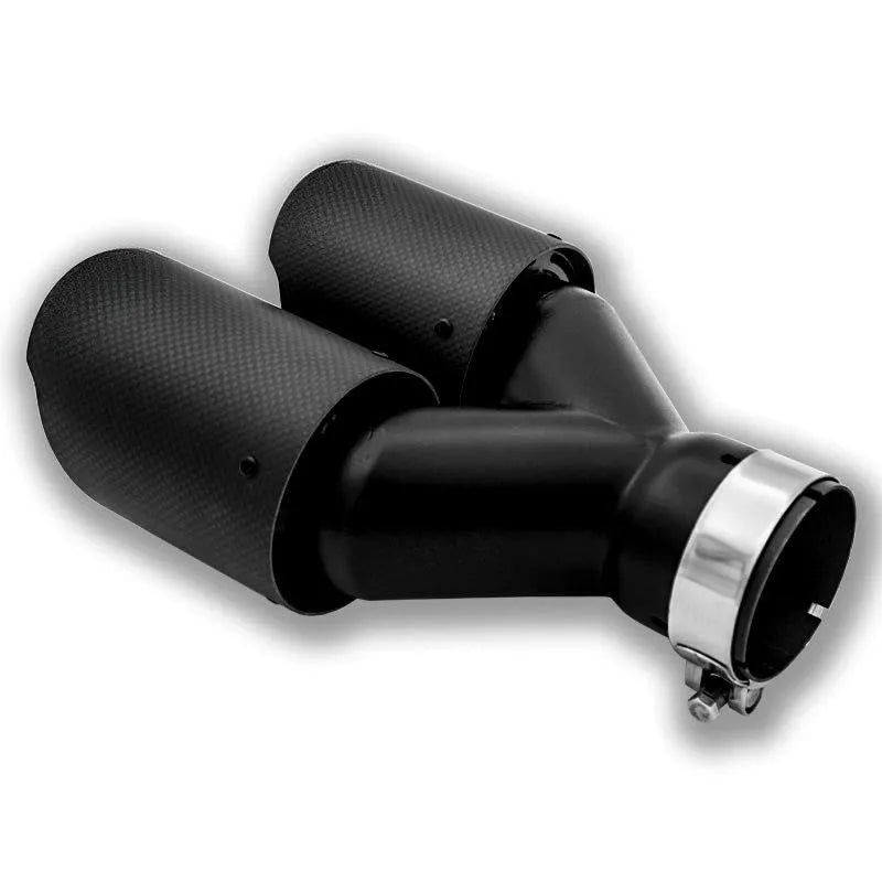 Black carbon fibre double outlet car exhaust pipe measuring 250mm for vehicle modification