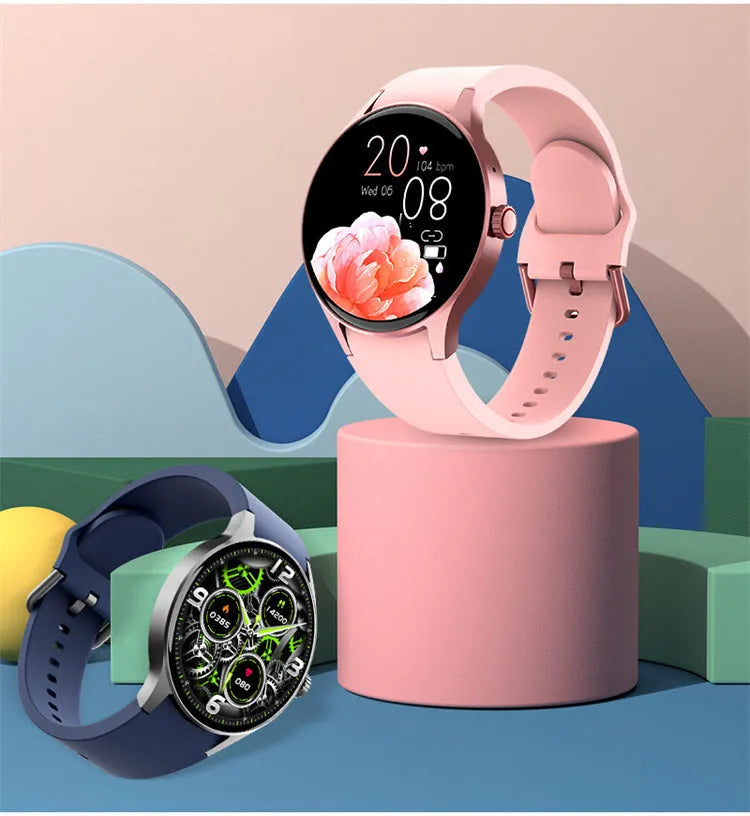 Smart Bluetooth sport watch with round touch screen showing display, IP68 waterproof rating