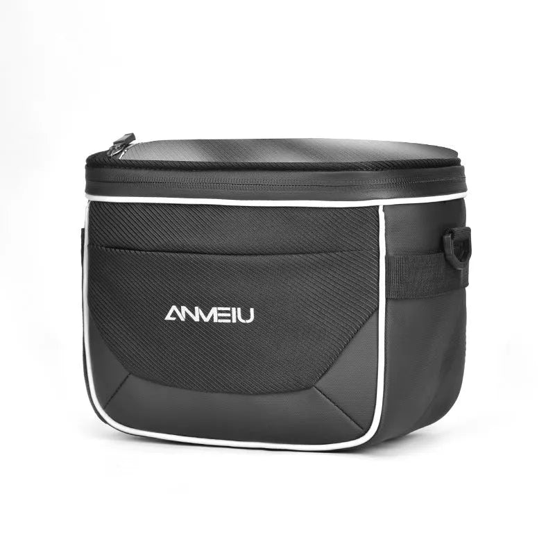 Black 7 inch polyester bicycle bag with hanging straps for handlebar mounting
