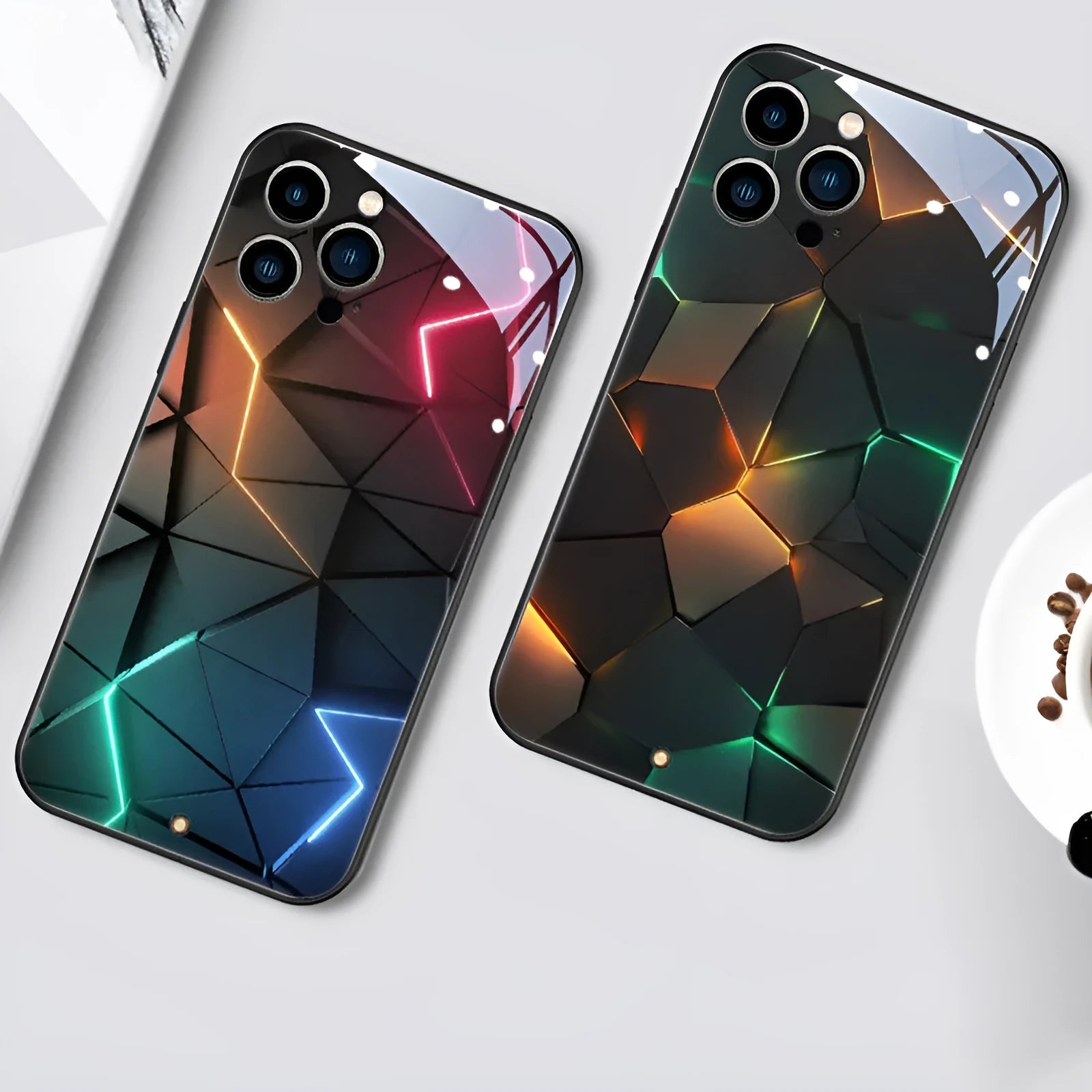 Tempered glass mobile phone case for iPhone with illuminated incoming light notification feature.