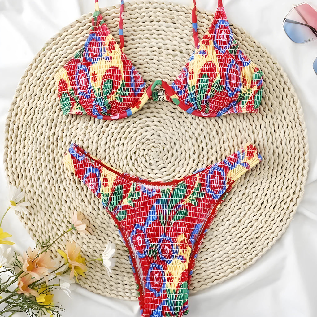 Red floral underwire bikini set with triangle top and briefs bottoms for women's swimming