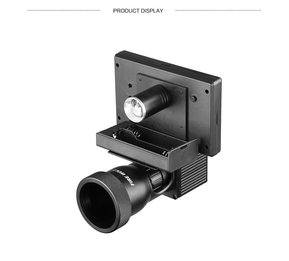 Black digital night vision monocular with 4x magnification and 25mm lens on a 4.3-inch screen.