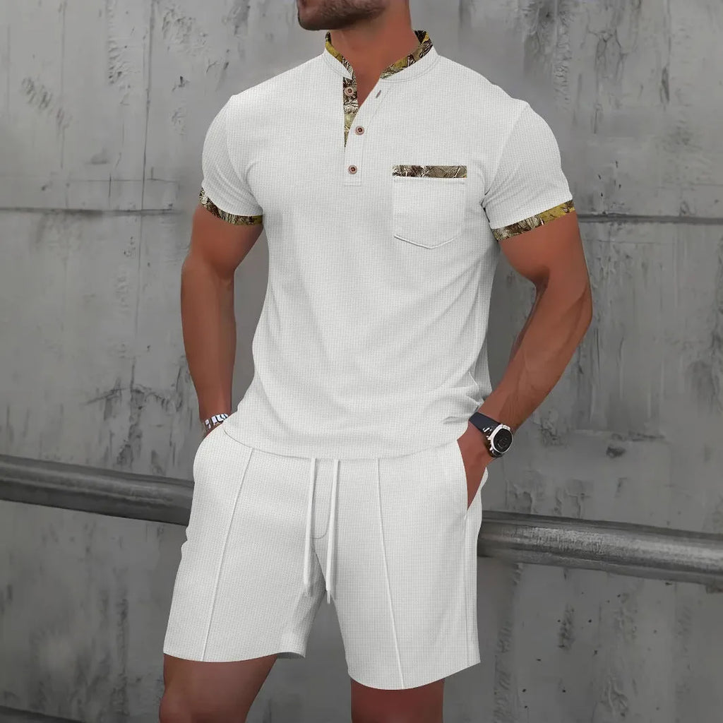 Men's grey waffle texture zipper polo collar short sleeve suit with matching shorts