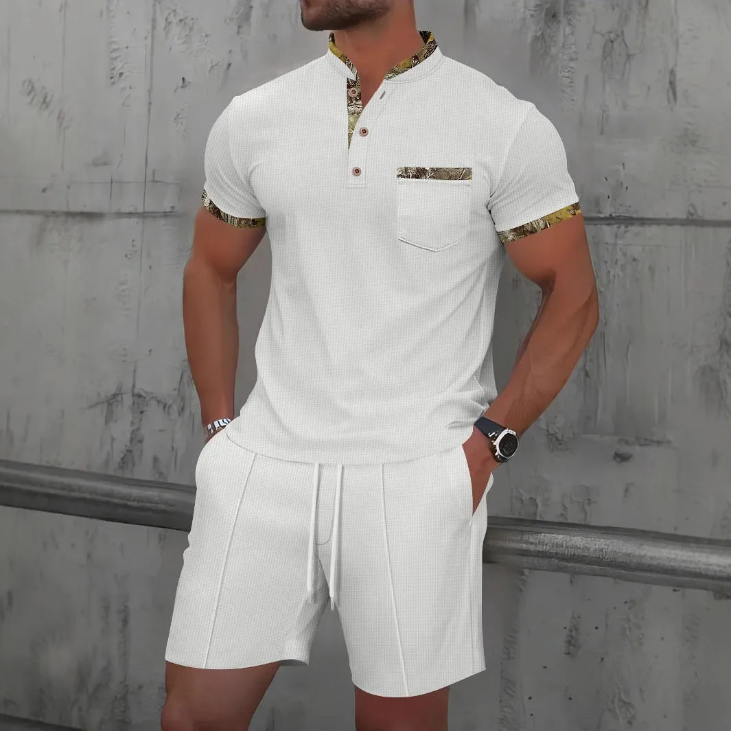 Men's grey waffle texture zipper polo collar short sleeve suit with matching shorts