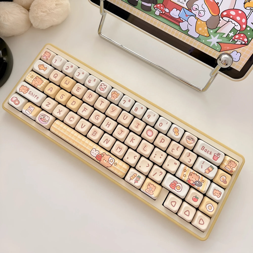 Rabbit Bear Restaurant themed EOA height PBT plastic keycap set, 140 pieces with character designs.