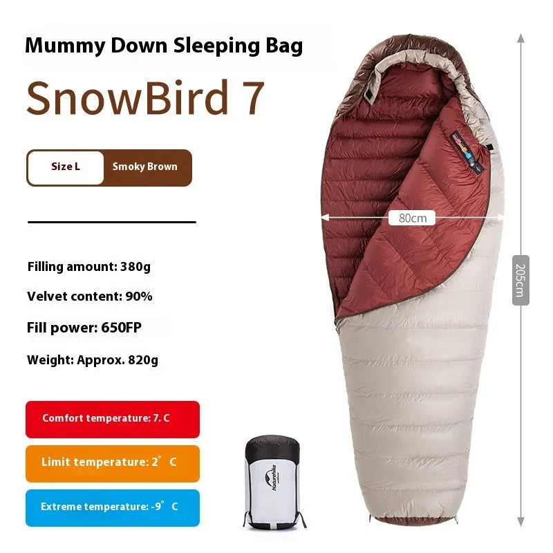 Goose down mummy sleeping bag for adults in storage bag