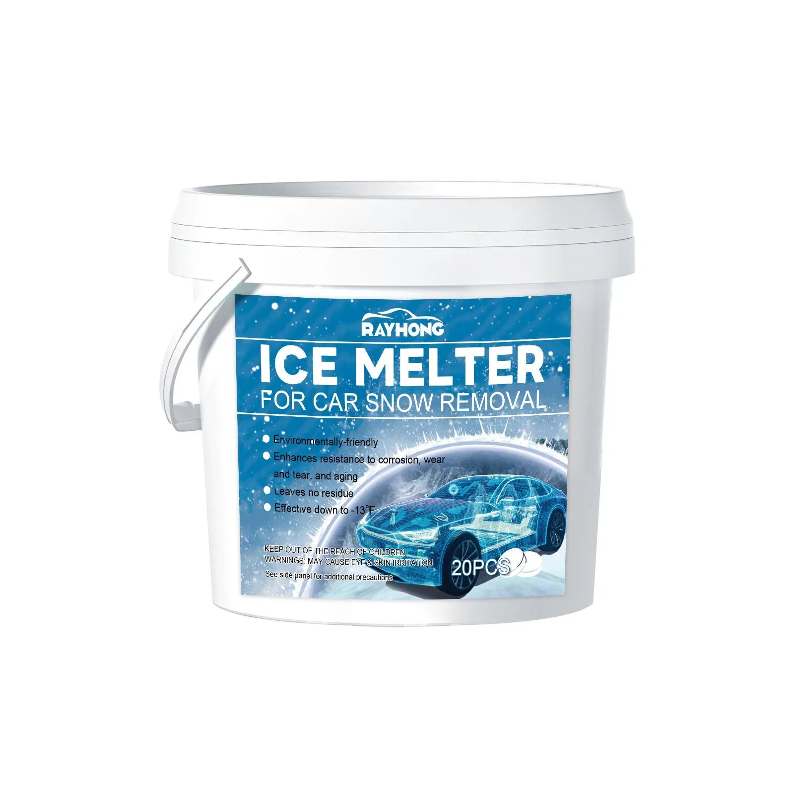 Car windscreen de-icer effervescent tablets in package measuring 12.7 x 12 cm