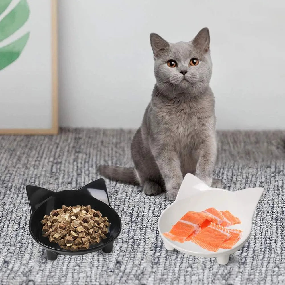 Shallow black cat food bowl with non-slip rubber base for whisker fatigue relief