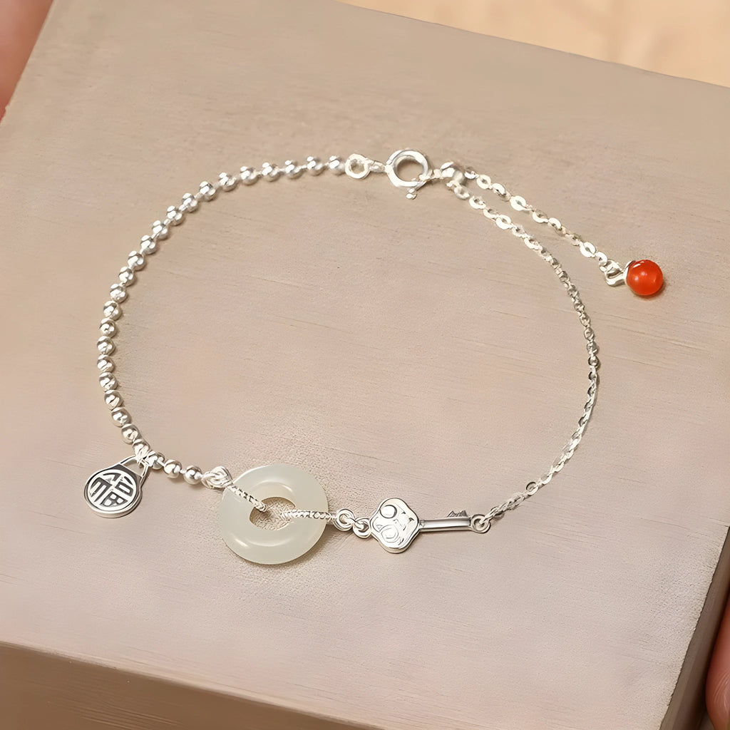 Women's 925 silver Hetian jade bracelet with Chinese geometric design and peace buckle