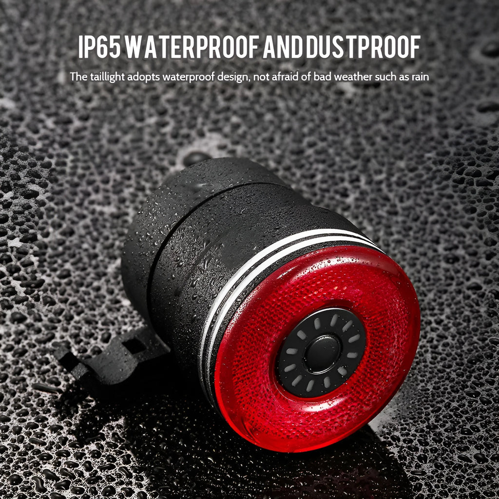 Black USB rechargeable aluminium smart brake sensing bicycle taillight showing front and side views.