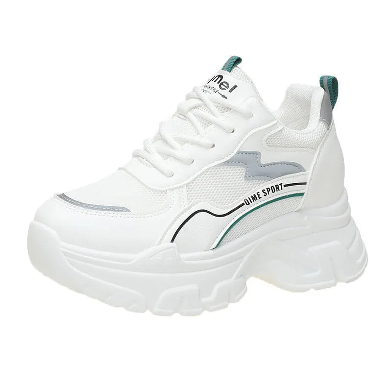 Women's white height increasing dad shoes with cross shoulder straps and rubber sole