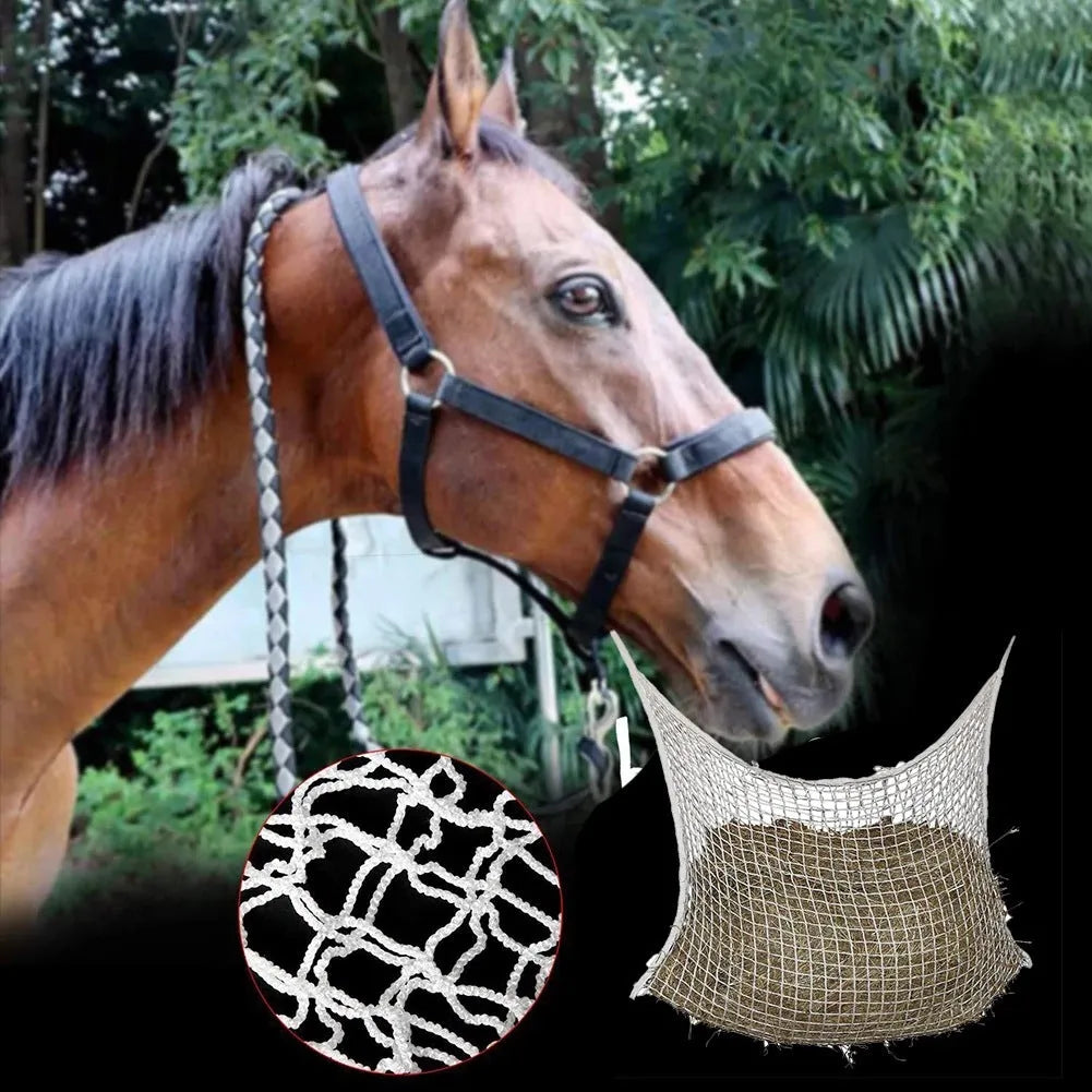 Black woven grid horse feeding bag hanging, showing size options for cattle, horses and sheep.