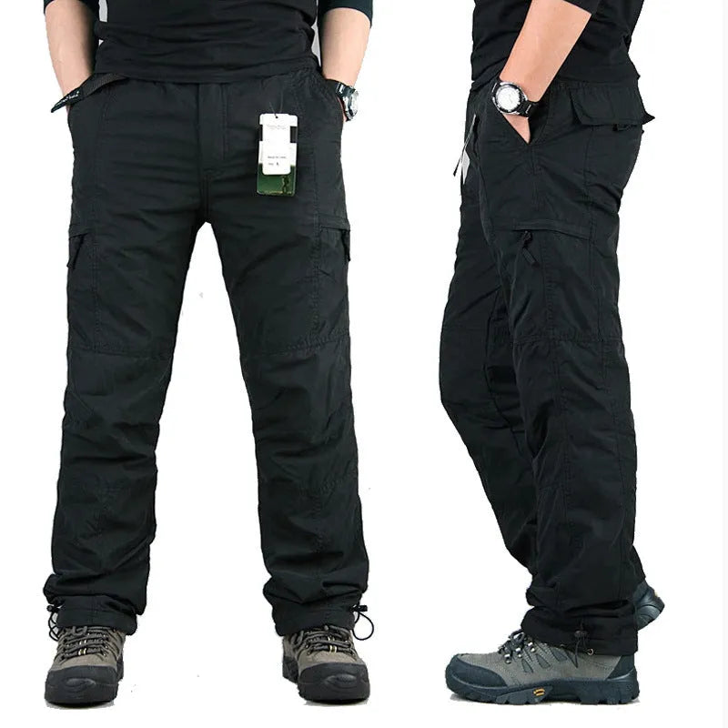 Men's thick cotton overalls with velvet lining in khaki colour showing loose fit and straight leg design