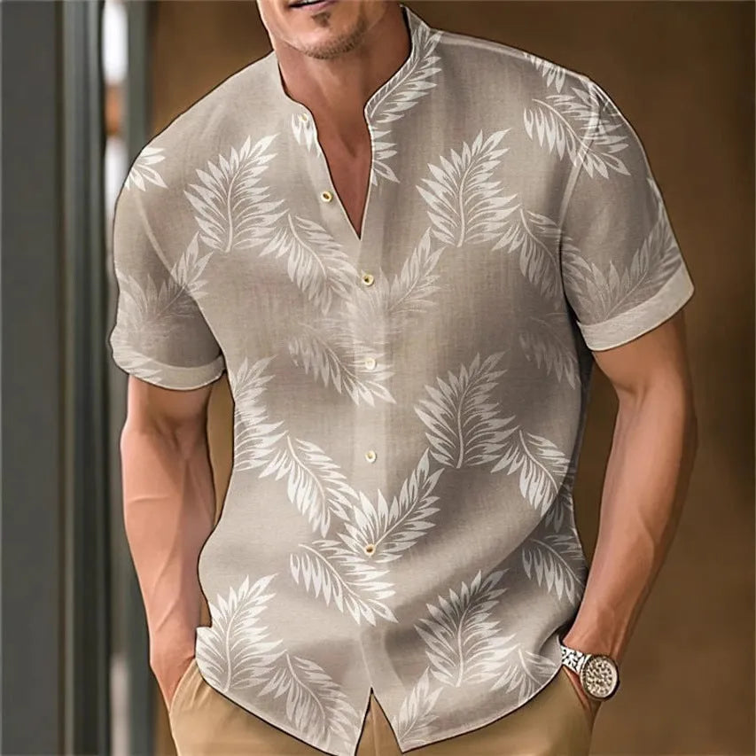 Men's printed polyester casual long sleeve button-up shirt shown in multiple colours