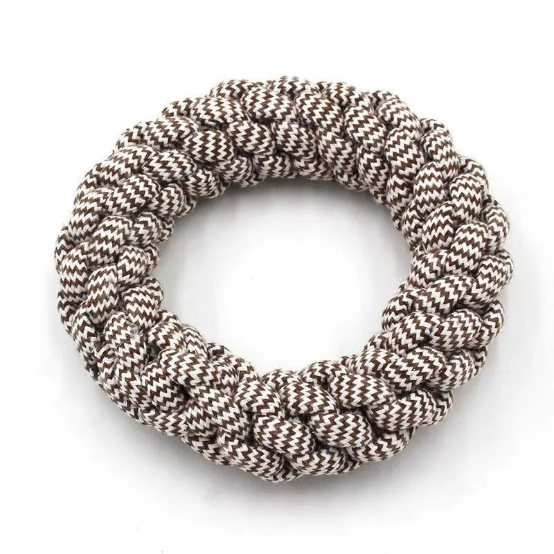 Cotton string braided ring dog toy with knotted design measuring approximately 18cm