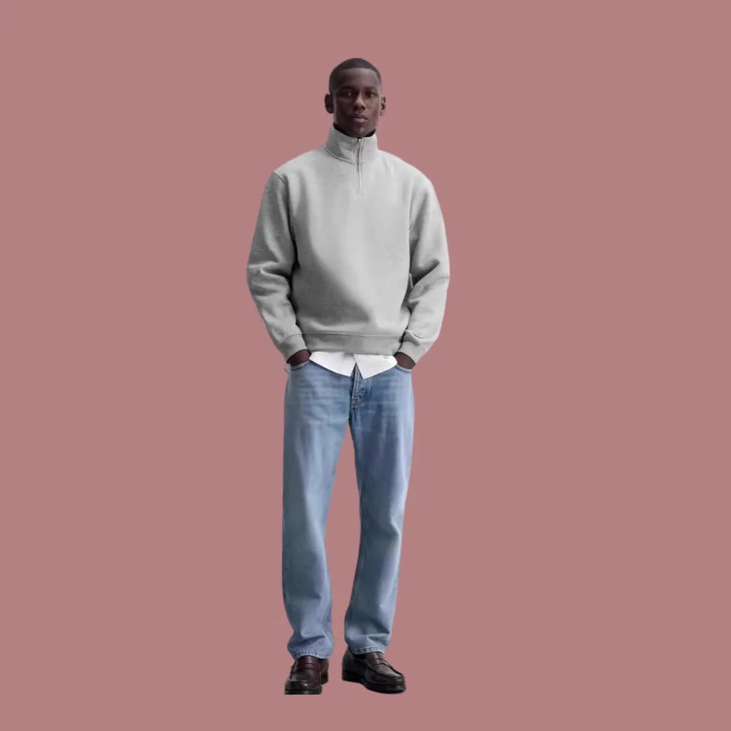 Grey half zip stand collar cotton sweater for men and women