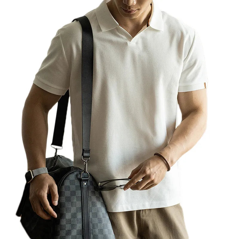 American-style blue cotton blend short sleeve polo shirt on hanger