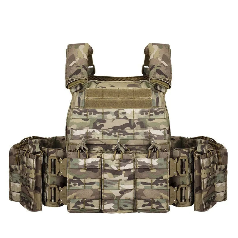 Men's camouflage tactical vest in army green, made from wear-resistant polyester fabric.