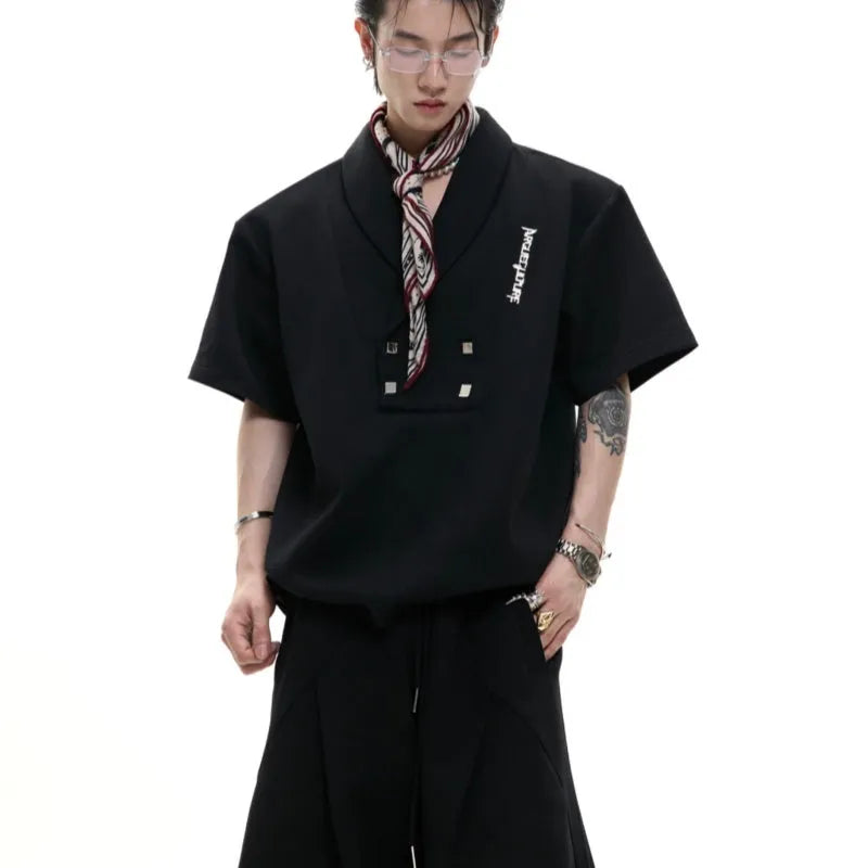 Men's dark grey V-neck padded shoulder short sleeve jacket with metal details and matching shorts