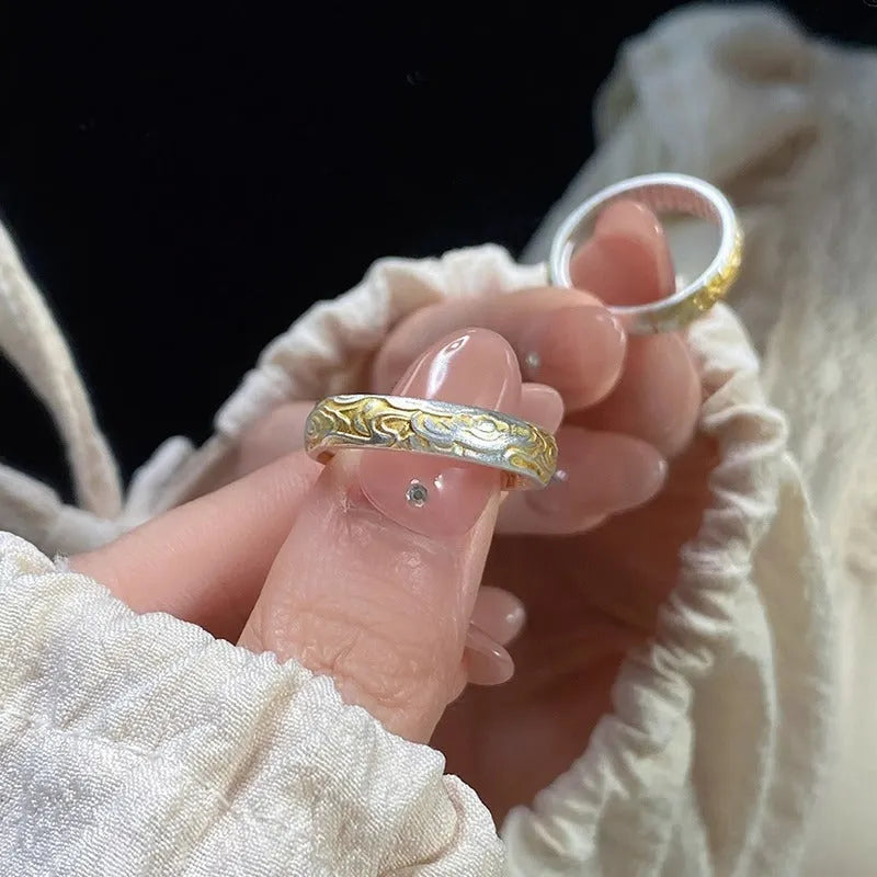 White copper adjustable open ring with xiangyun cloud patterns and electroplated silver gold finish