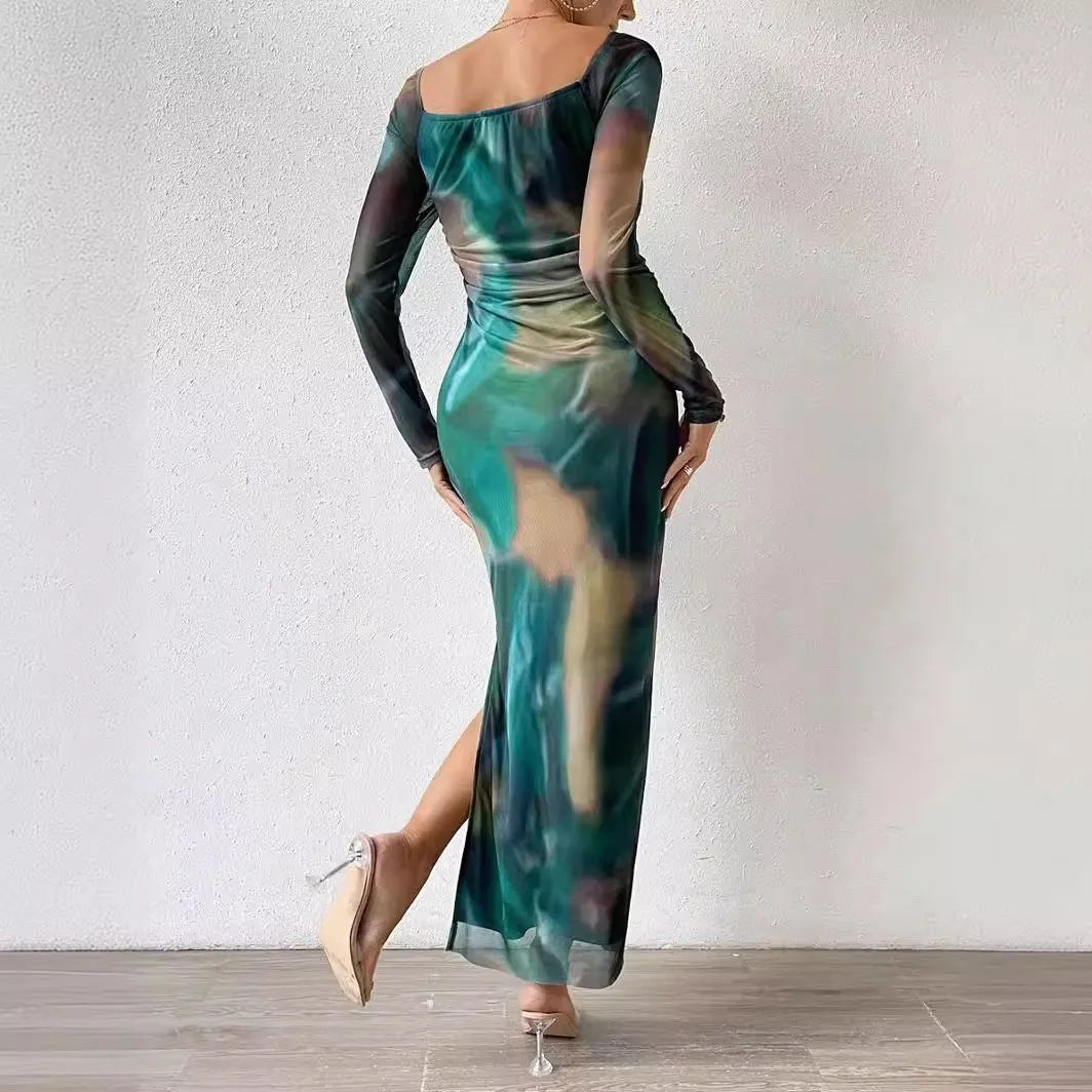 Green gradient women's fishtail mesh dress with a square collar and side split.