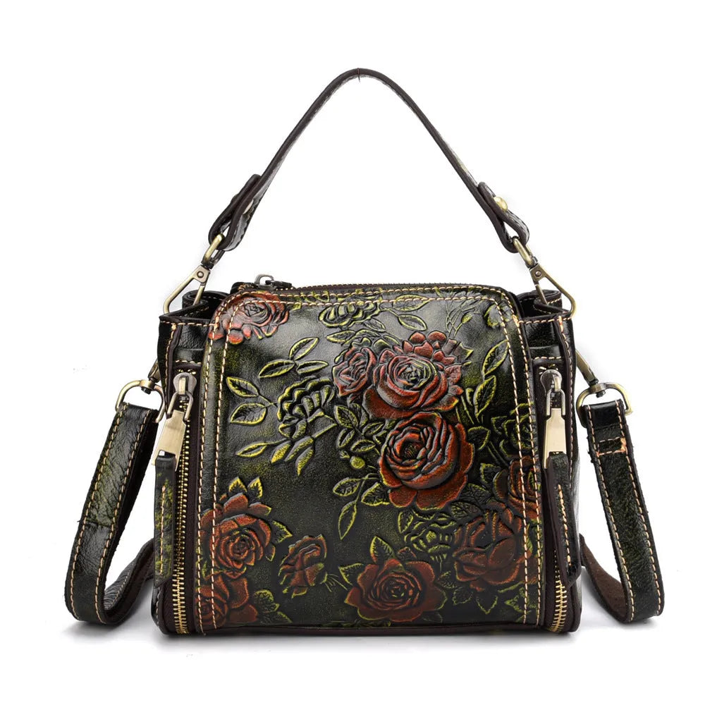 Brown genuine leather women's shoulder bag showing internal organisation compartments and vintage styling