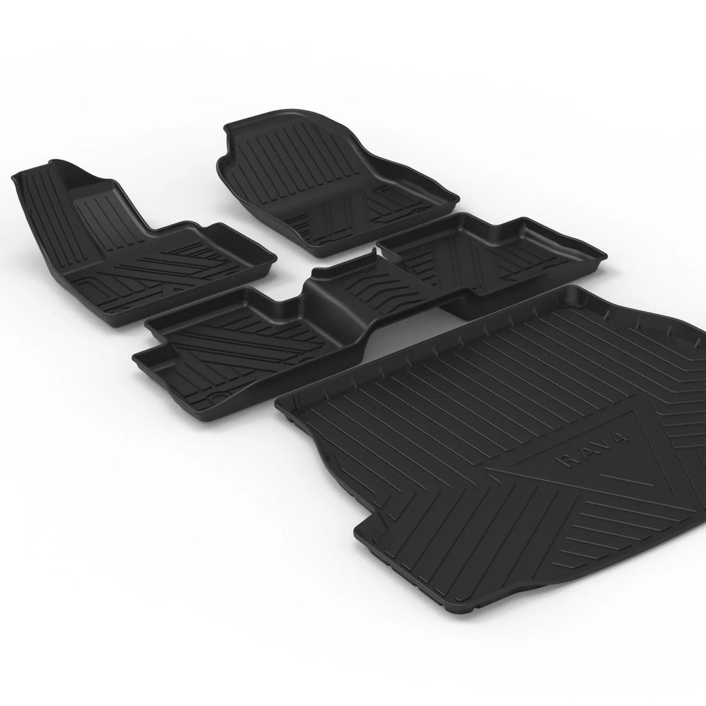 Black car boot protective mat with carbon fiber texture pattern, made from TPO+TPV material.
