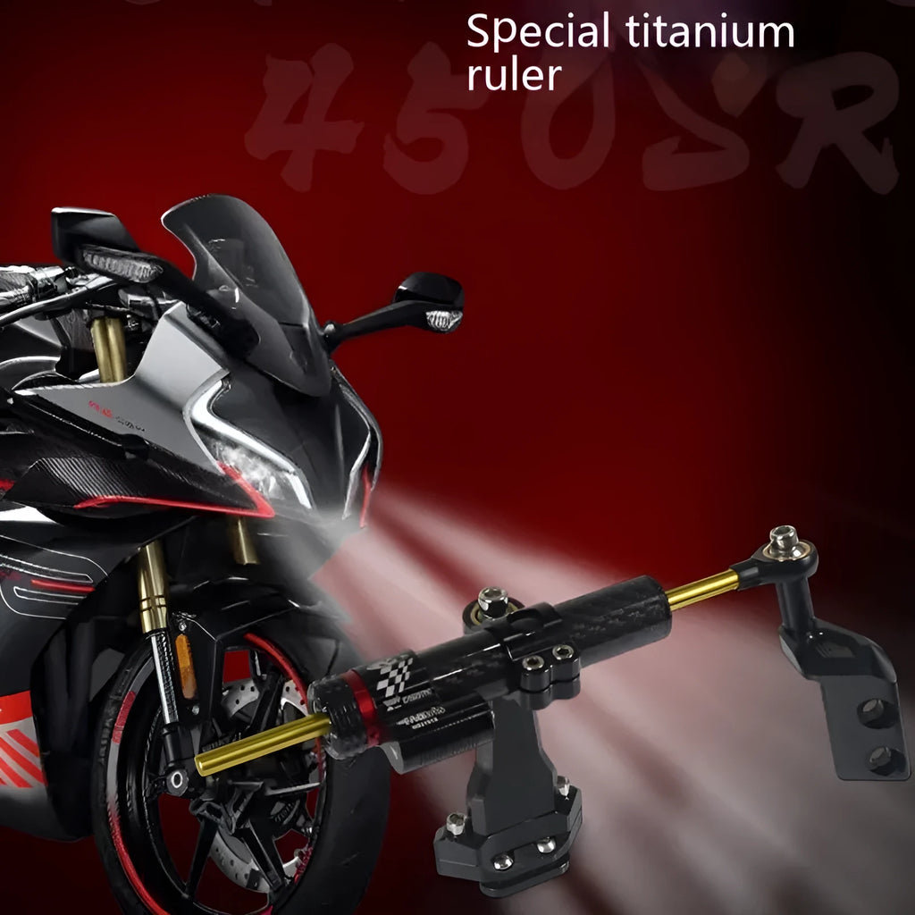 Titanium directional damper bracket for CFMOTO 450SR/SRS motorcycle with carbon fibre aluminium body and adjustment gear.