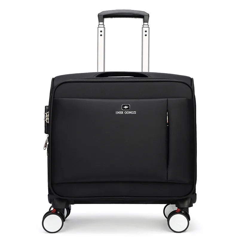 Black 18 inch Oxford cloth business suitcase with telescopic handle and wheels.