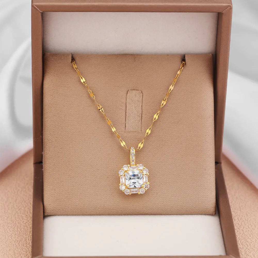 Women's titanium steel geometric zircon clavicle chain necklace with water wave chain in gold.