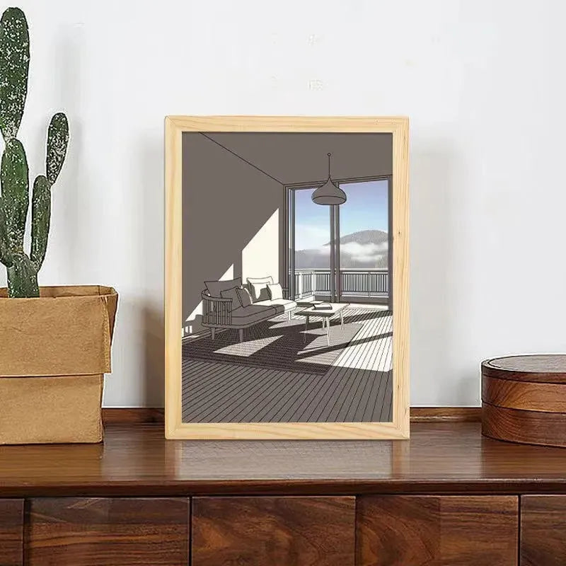 Modern rectangular LED light painting illuminating a scenic image of a mountain and river, showcasing its glow as a decorative night light.