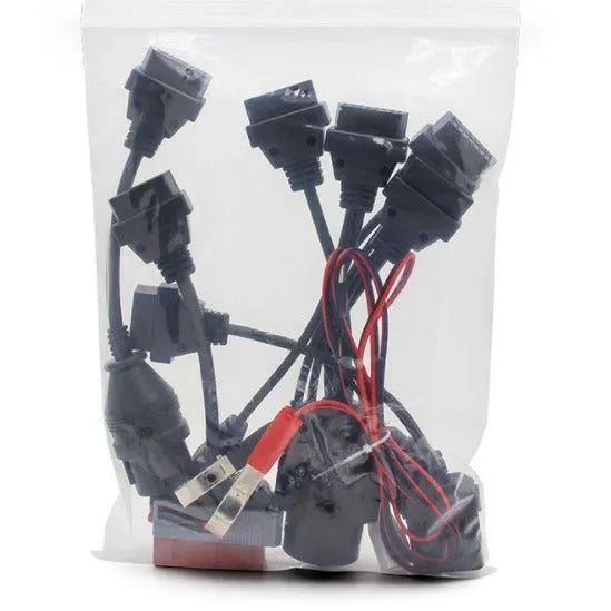 Set of eight auto wire car diagnostic cables for TCS tool on a light background