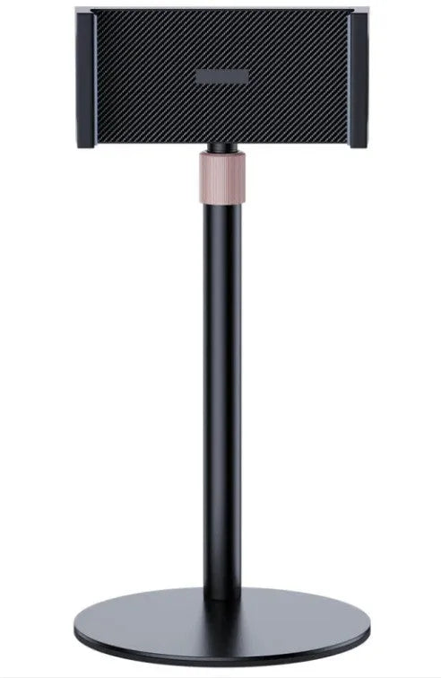 Black adjustable lifting bracket holding a tablet, showing its telescopic arm extended.