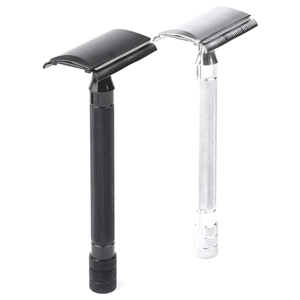 Traditional manual shaving razor and brush set in black or silver finish for beard grooming