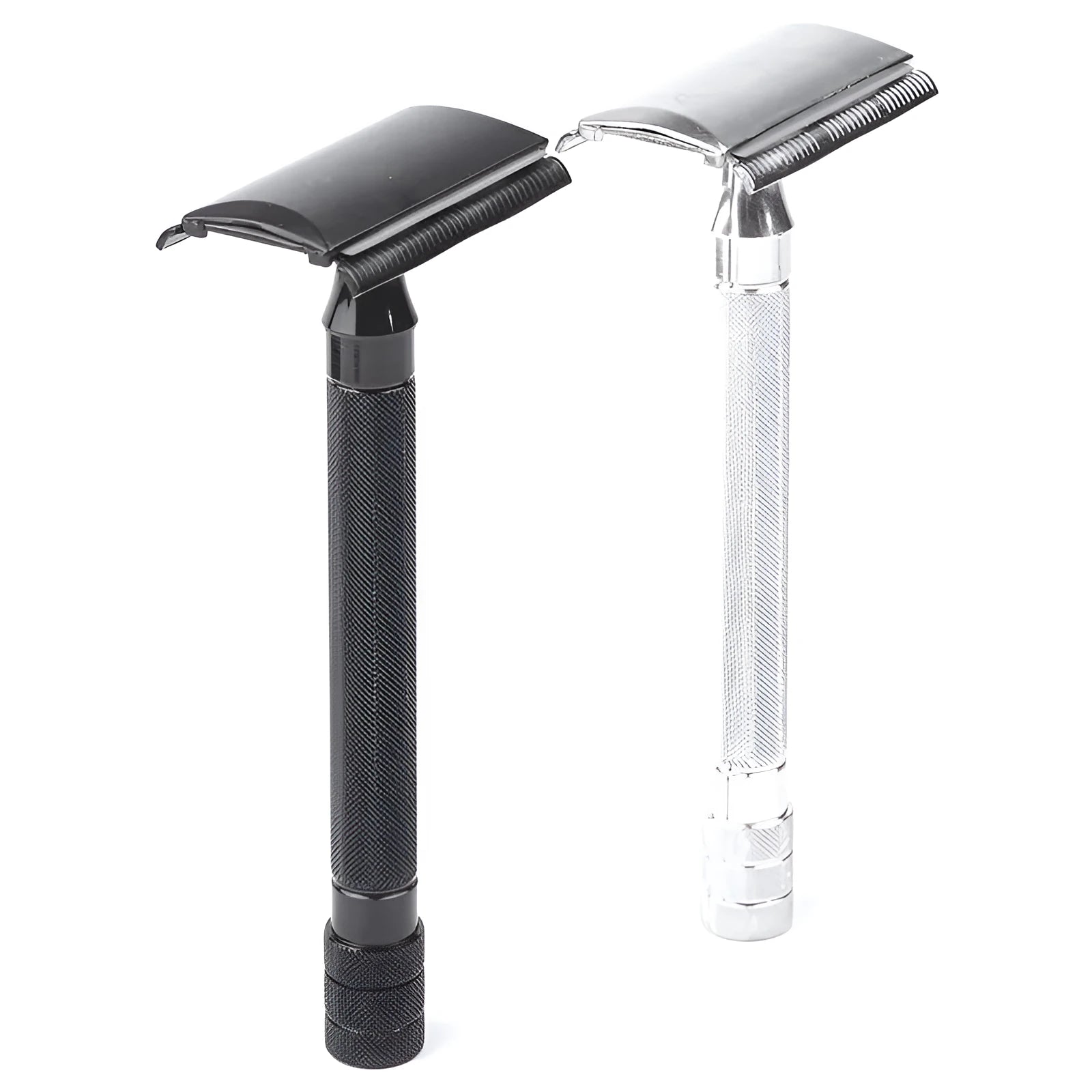 Traditional manual shaving razor and brush set in black or silver finish for beard grooming