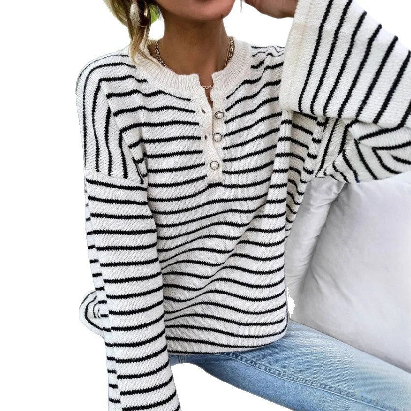 Black women's striped casual top with drop-shoulder sleeves and button details