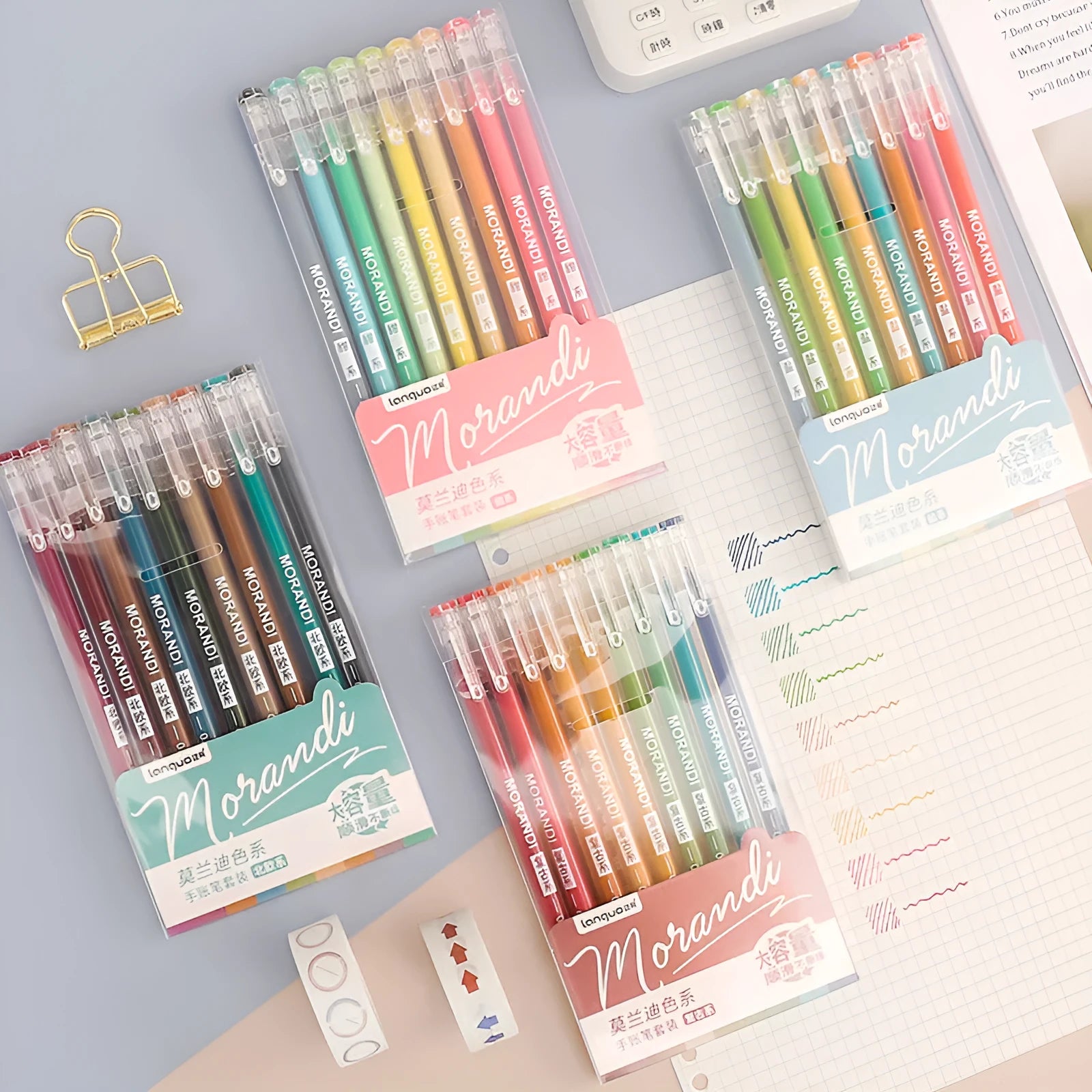 Nine retro-style gel pens in assorted colours with 0.5mm needle tips arranged in set packaging