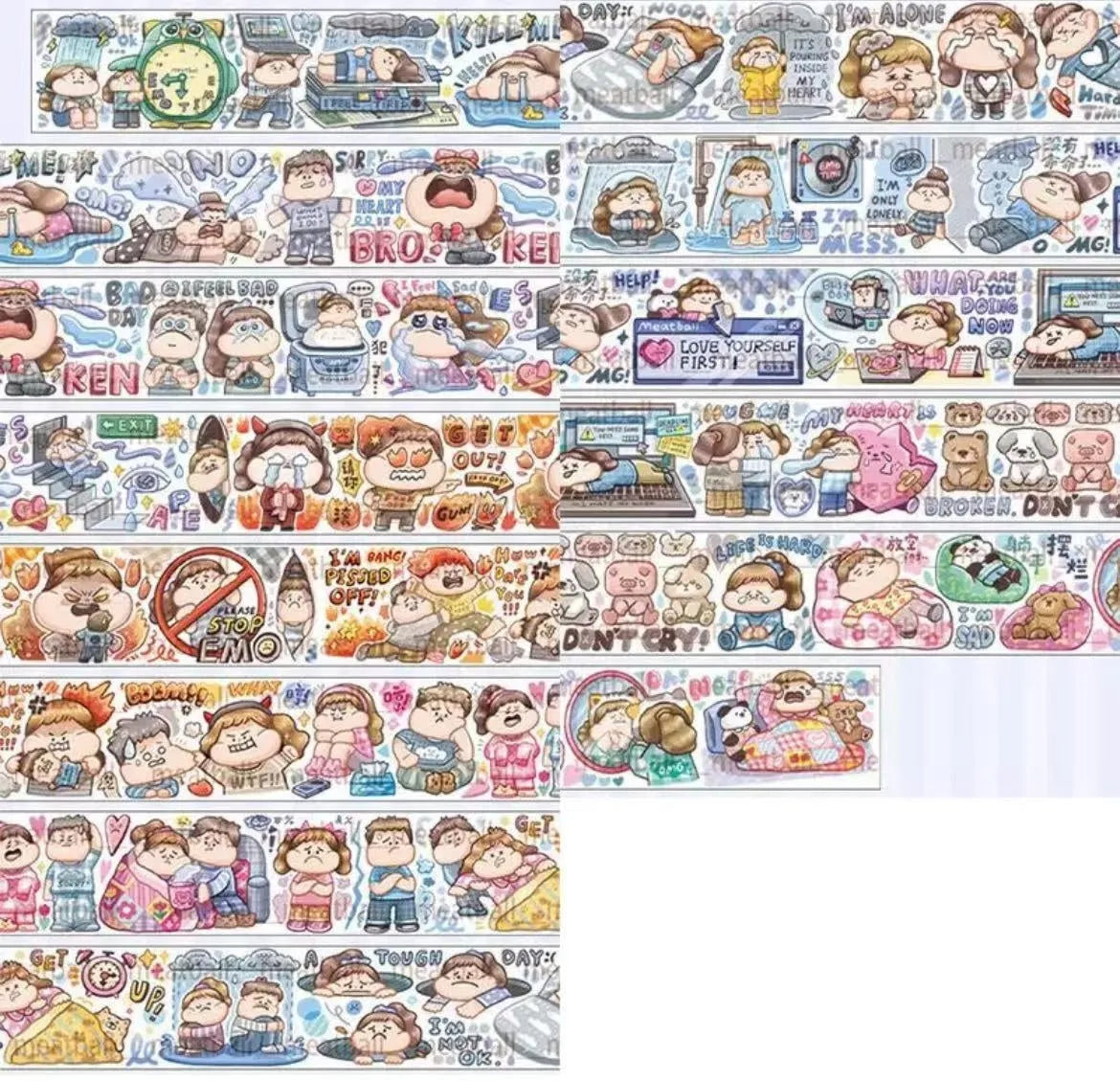Sheet of cute cartoon character stickers for haemorrhoid tape packaging on Japanese paper.