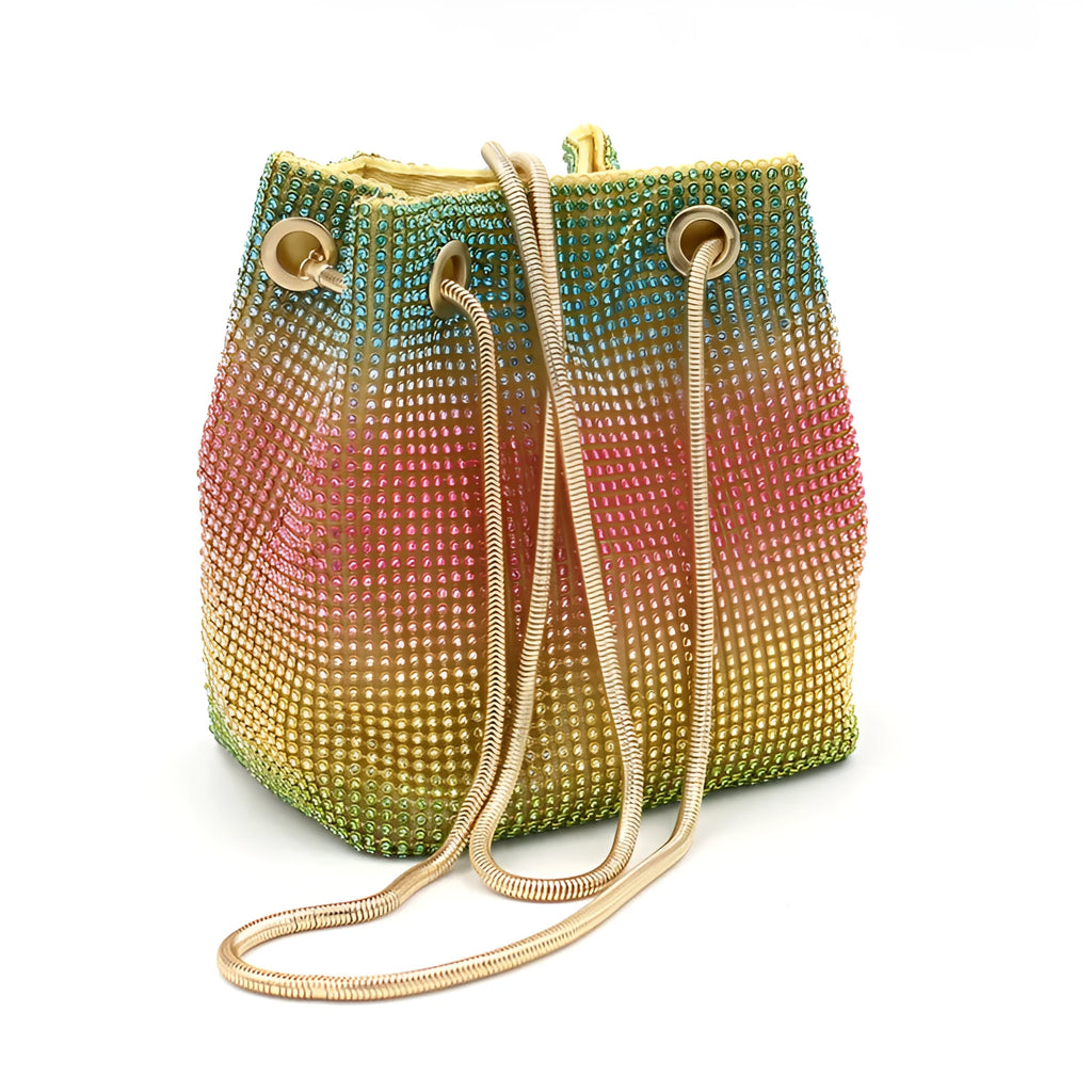 Colourful rainbow pattern rhinestone bucket bag with a soft texture.