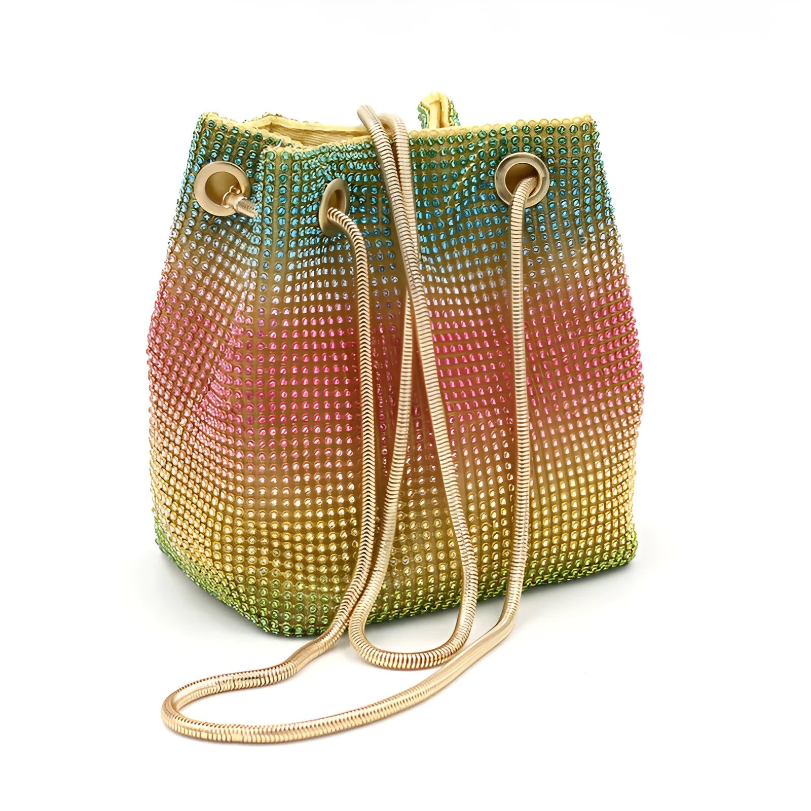 Colourful rainbow pattern rhinestone bucket bag with a soft texture.