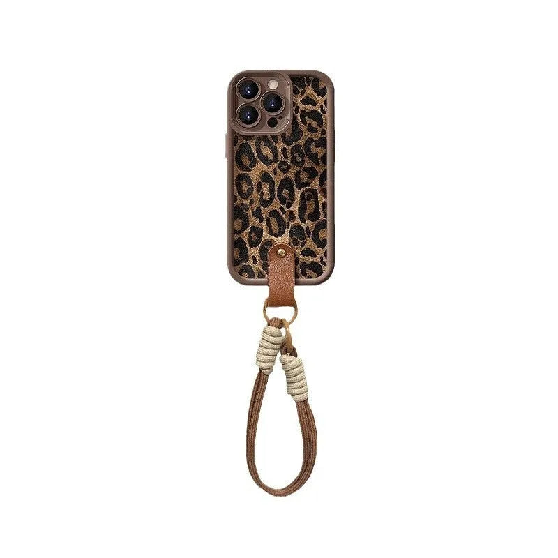 Brown leopard print silicone iPhone case showing the integrated lanyard loop on the corner.